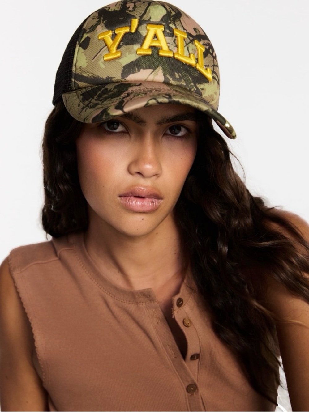 NWT Kacey Lee Y'ALL Camouflage Trucker Hat in Green/Brown with Yellow Embroidery